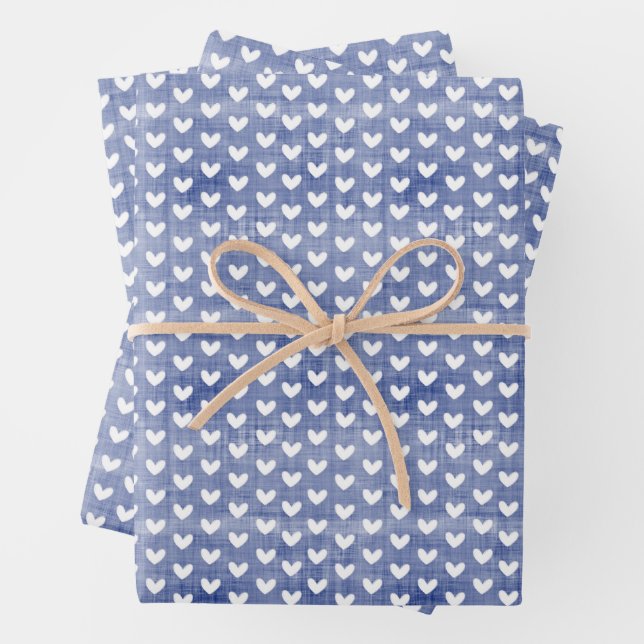 White Hearts on Dark Blue Linen Wrapping Paper Sheet (In situ)