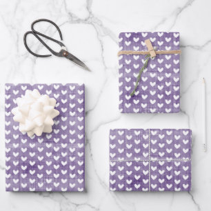 White Hearts on Dark Purple Linen Wrapping Paper Sheet
