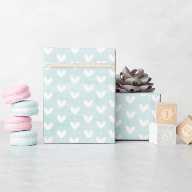White Hearts on Pale Green Linen Wrapping Paper (Baby Shower)