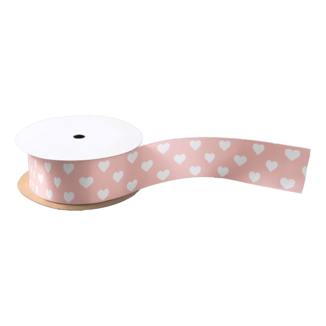 White Hearts on Pastel Pink Pattern Satin Ribbon (Spool)