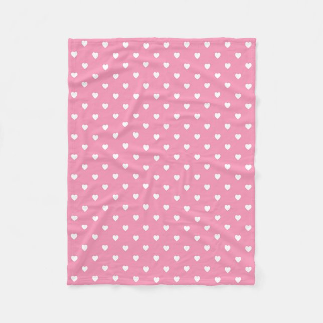 White Hearts on Pink Fleece Blanket (Front)
