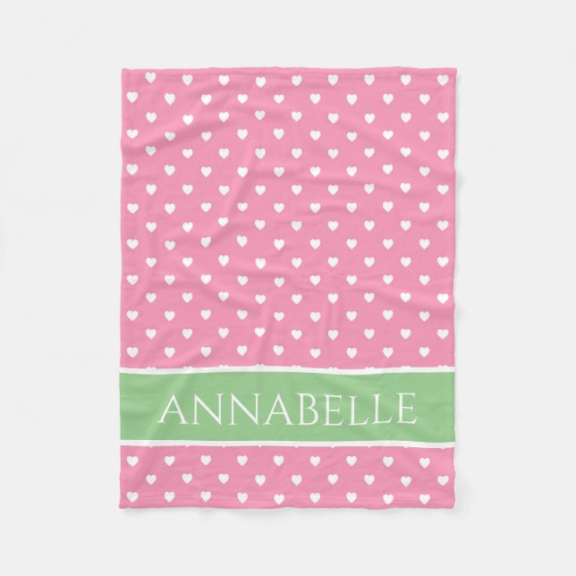 White Hearts on Pink With Green Personalized Fleece Blanket (Front)