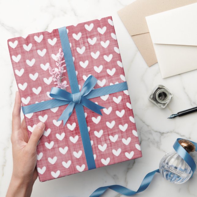 White Hearts on Red Linen Wrapping Paper (Gifting)