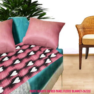 White Hearts On Red Panel Fleece Blanket