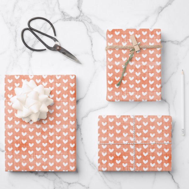 White Hearts on Tangerine Linen Wrapping Paper Sheet (Front)