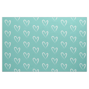 White Hearts on Teal Background Fabric