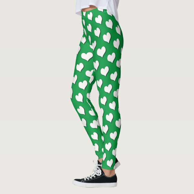 White Hearts Pattern on Kelly Green Leggings (Left)