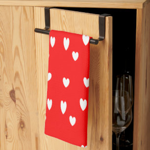 White hearts pattern on red kitchen towel