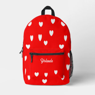 White hearts personalized red printed backpack
