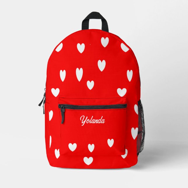 White hearts personalized red printed backpack (Front)