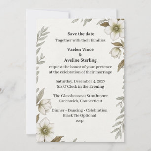 White Hellebores, Eucalyptus Foliage, Botanical Li Invitation