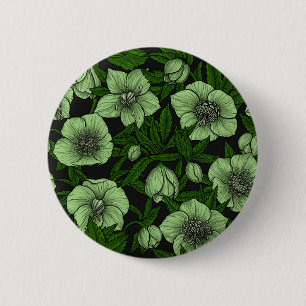 White Hellebores with leaves 2 Inch Round Button