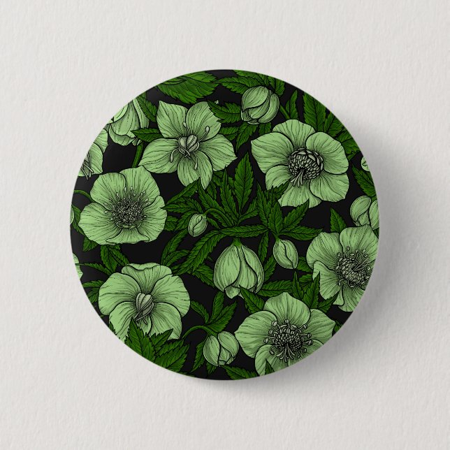White Hellebores with leaves 2 Inch Round Button (Front)