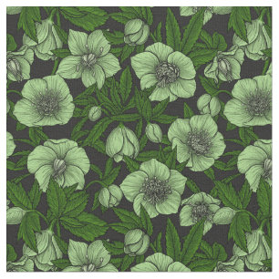 White Hellebores with leaves Fabric