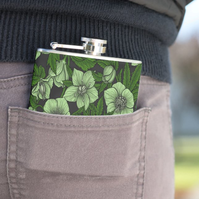 White Hellebores with leaves Hip Flask (In Situ)