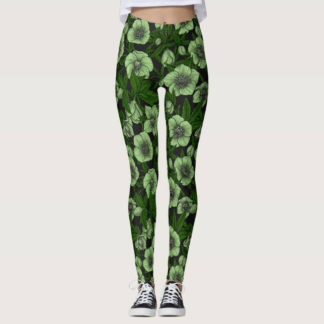 White Hellebores with leaves Leggings (Front)