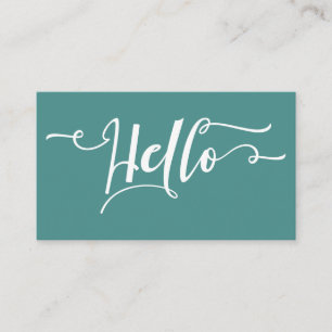 White Hello Script Typography Over Editable Teal Business Card