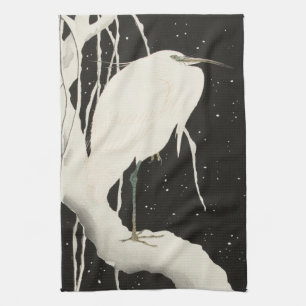 White heron bird snowy winter vintage illustration kitchen towel