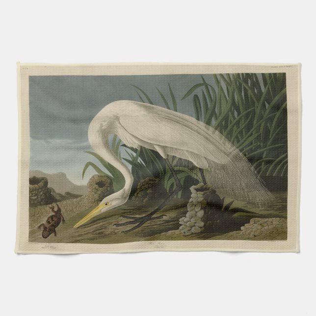 White Heron, Great Egret, Audubon Birds of America Kitchen Towel (Horizontal)
