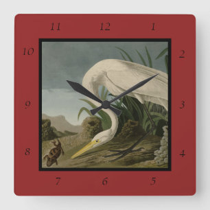 White Heron, Great Egret, Audubon Birds of America Square Wall Clock