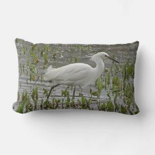 White Heron Photo with Greens Lake Wading Bird Lumbar Pillow