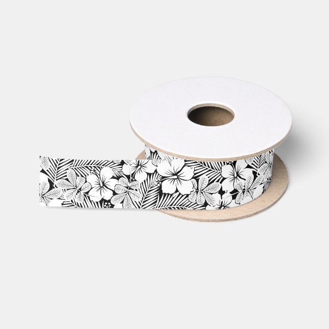 White hibiscus and palm leaves satin ribbon (Spool)