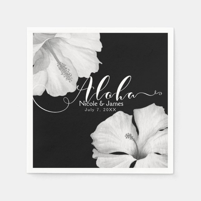 White Hibiscus Black Tropical Wedding Aloha Napkin (Front)