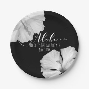 White Hibiscus Black Tropical Wedding Aloha Paper Plate