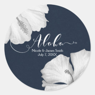 White Hibiscus Blue Tropical Wedding Favour Aloha Classic Round Sticker