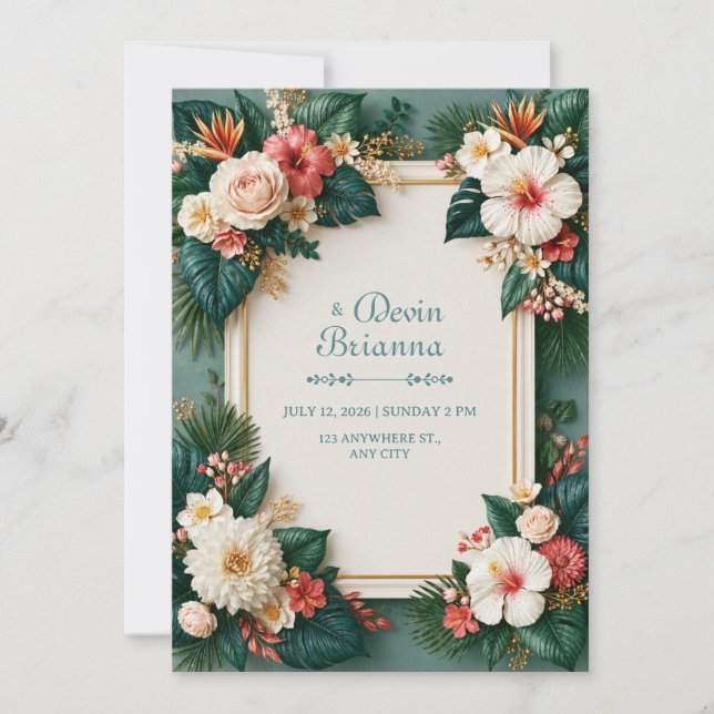 White Hibiscus Emerald Tropical Border Wedding Invitation (Front)