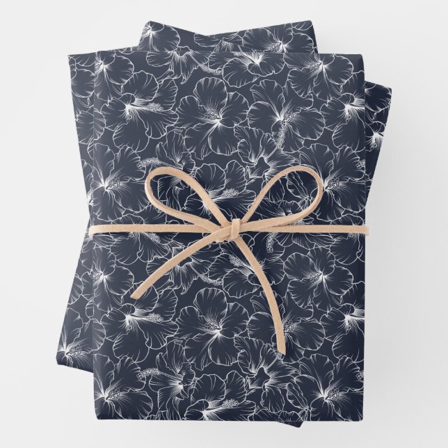 White Hibiscus Floral on Navy Blue Wrapping Paper Sheet (In situ)