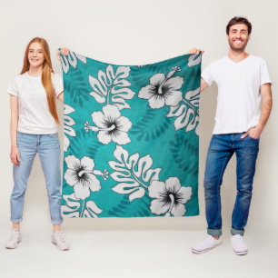 White Hibiscus Floral Pattern On Aqua Turquoise Fleece Blanket