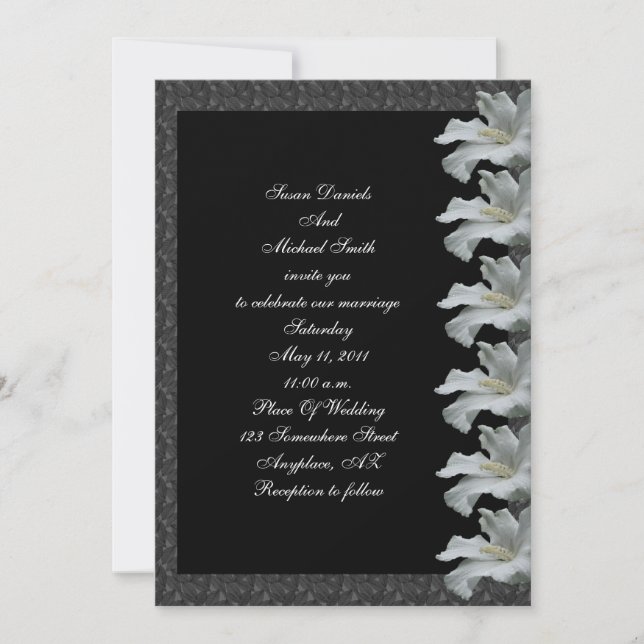 White Hibiscus Flower Black Wedding  Invitation (Front)