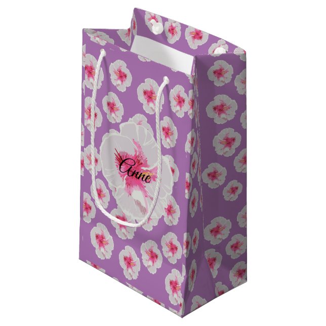White Hibiscus Flowers Pattern Personalized Small Gift Bag (Front Angled)