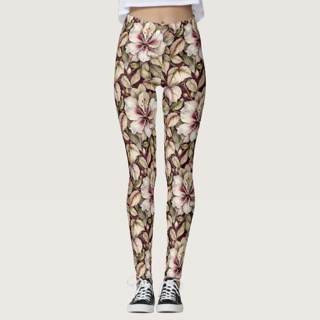 White Hibiscus on Maroon Leggings (Front)