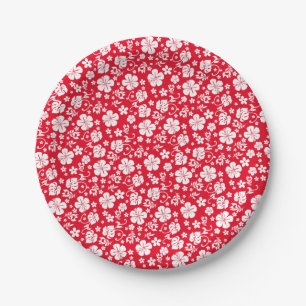 White Hibiscus on Red Tropical Paper Plate