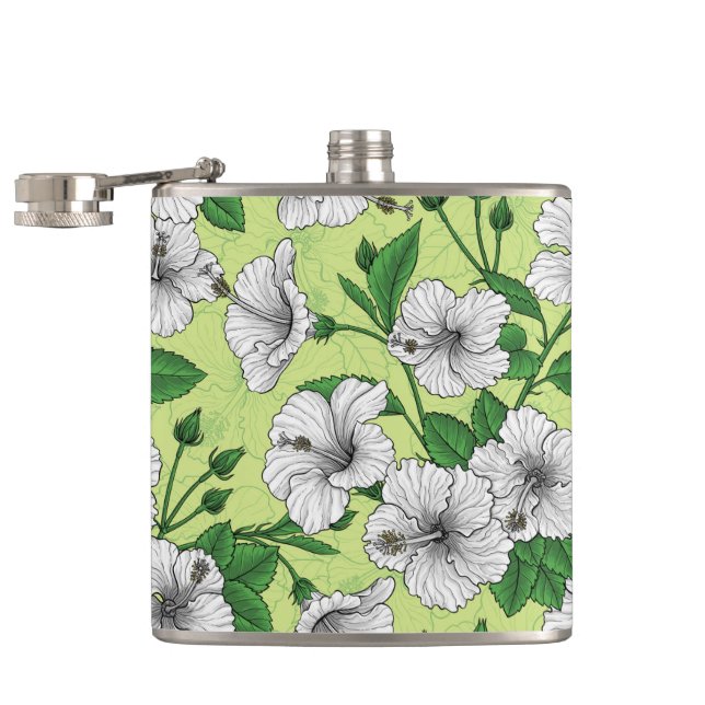 White Hibiscus Tropical Floral Pattern Hip Flask (Opened)