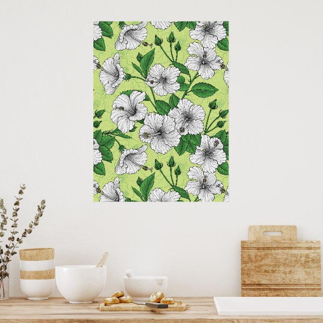White Hibiscus Tropical Floral Pattern Poster (Kitchen)