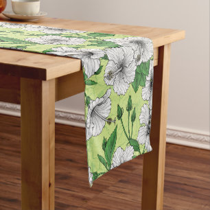 White Hibiscus Tropical Floral Pattern Short Table Runner