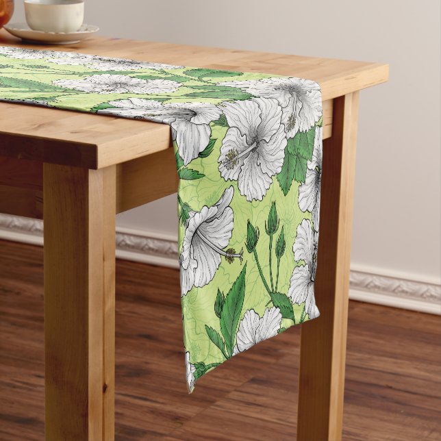 White Hibiscus Tropical Floral Pattern Short Table Runner (In Situ)
