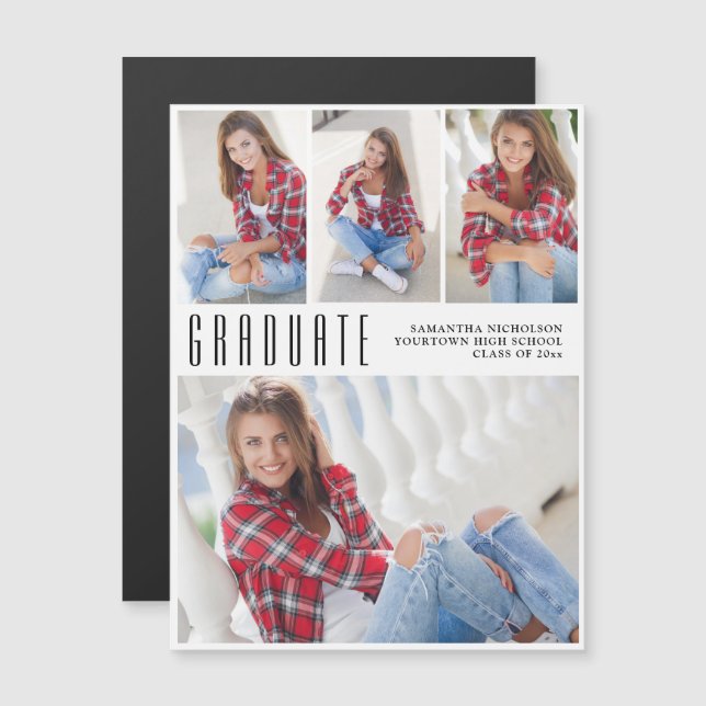 White High School College Graduation 4 Photo  Magnetic Invitation (Front/Back)