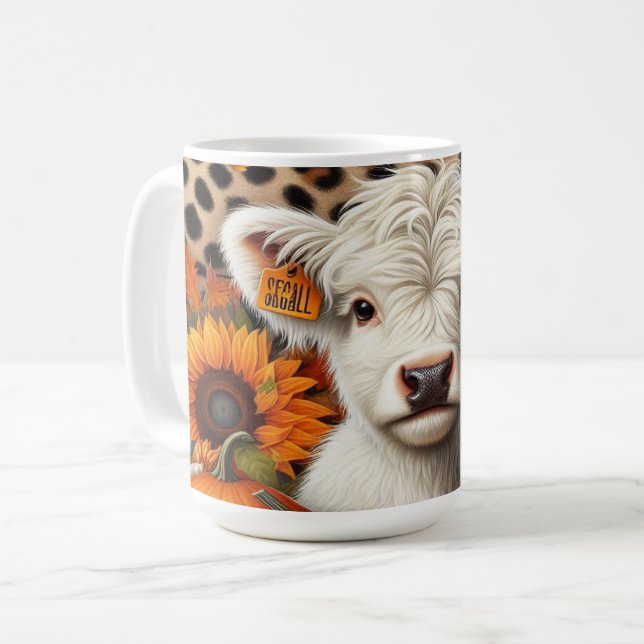 White Highland Calf Among Pumpkins and Sunflowers  Coffee Mug (Front Left)
