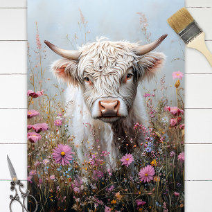 White Highland Cow in a Field of Flowers Decoupage Tissue Paper