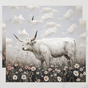 White Highland Cow Pink Flowers Scrapbook Paper
