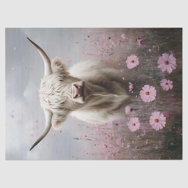White Highland Cow Pink Wildflowers Decoupage Tissue Paper (Front)