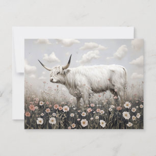 White Highland Cow Pink Wildflowers Painting Postcard
