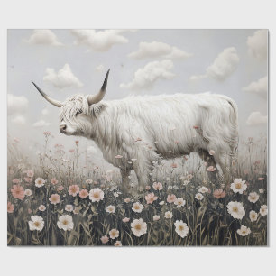 White Highland Cow Pink Wildflowers Painting Wrapping Paper