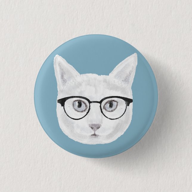 White Hipster Cat Wearing Glasses 1 Inch Round Button (Front)