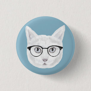 White Hipster Cat Wearing Glasses 1 Inch Round Button