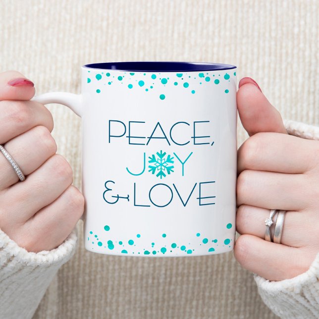White Holiday Turquoise Snowflake Peace Joy Love Two-Tone Coffee Mug (Creator Uploaded)